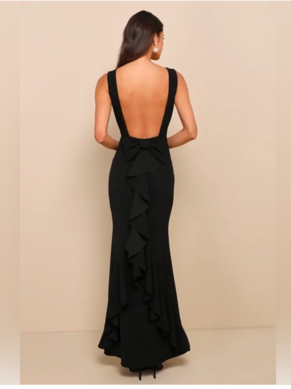 Lulus Exquisite Refinement NWT size Large Black Backless Bow Ruffled Maxi Dress